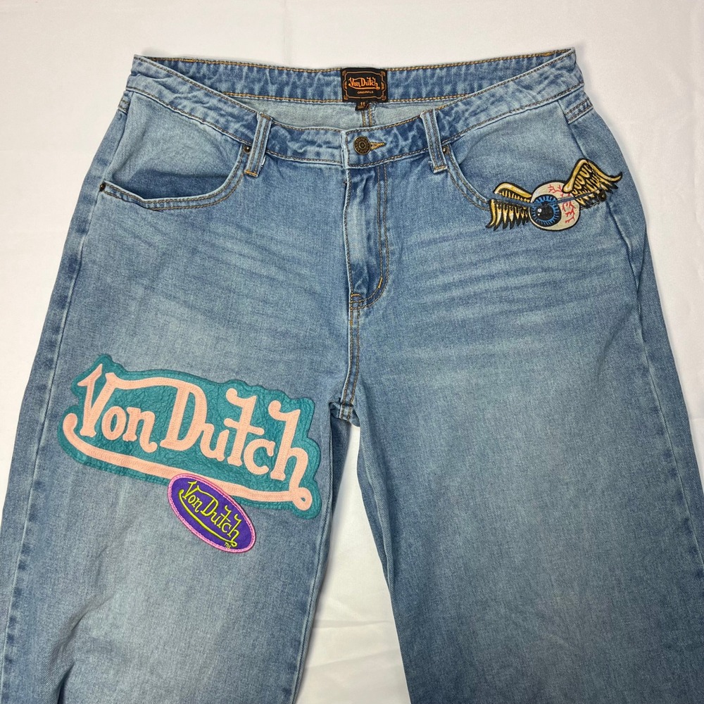 Von Dutch Wide Leg Jeans Womens 13 Blue Medium Wash Y2K Baggy Logo Patch Graphic - Picture 14 of 16